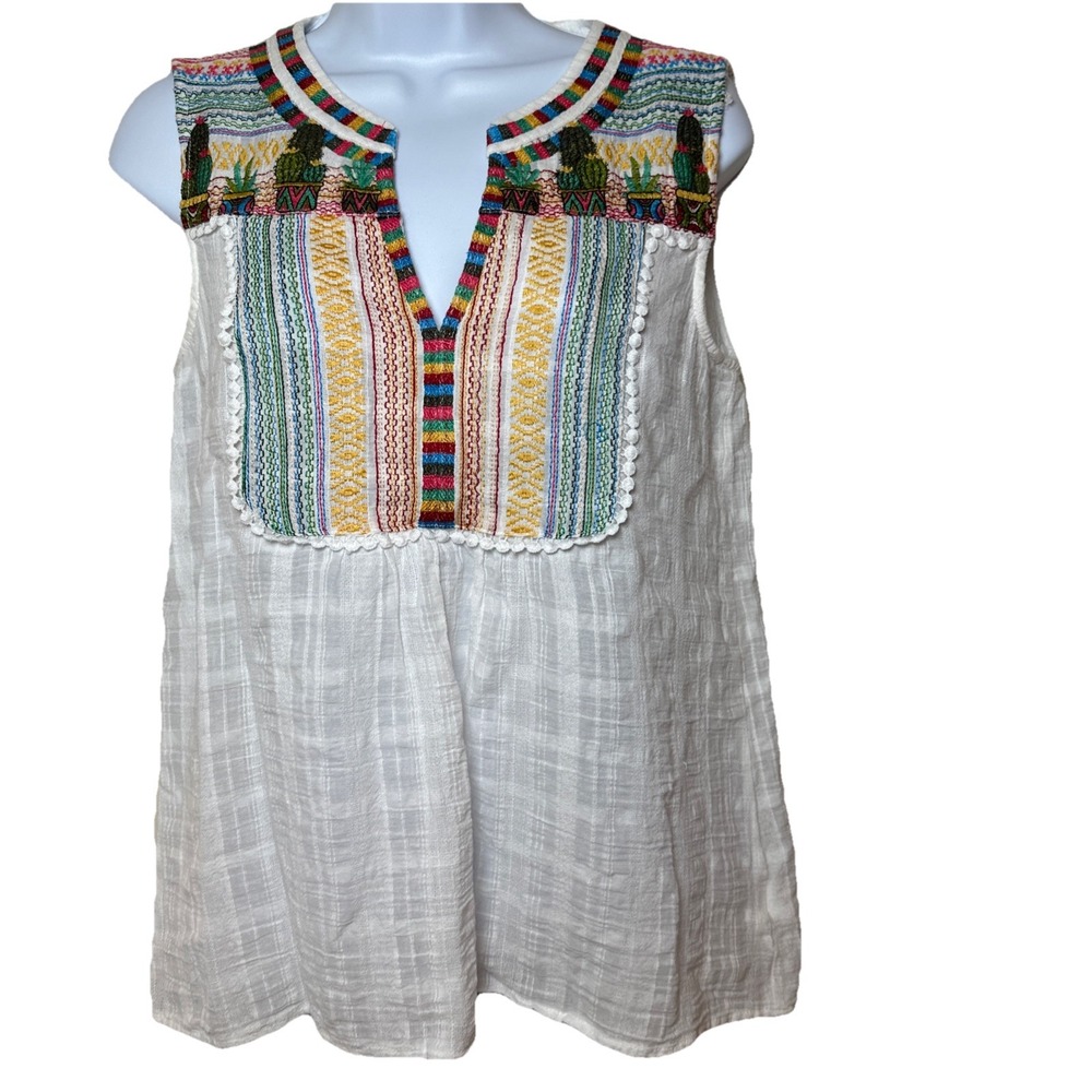 Savanna Jane Medium Embroidered Sleeveless Top Cactus Design Boho Flowy
